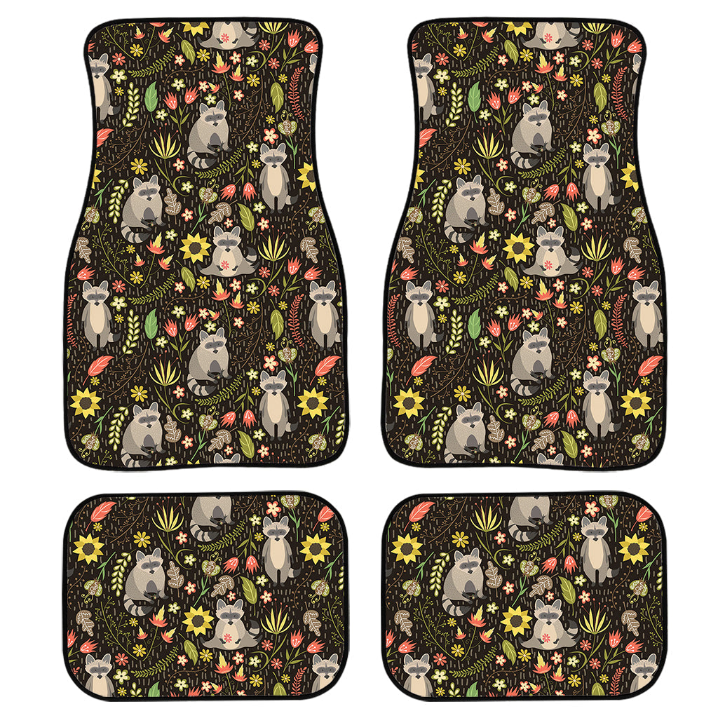 Raccoon And Floral Pattern Print Front And Back Car Floor Mats, Front Car Mat