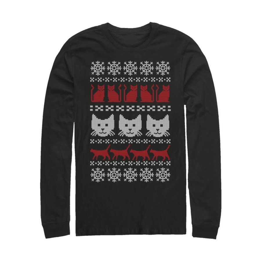 Lost Gods Men’s Ugly Christmas Cat  Long Sleeve Shirt Black