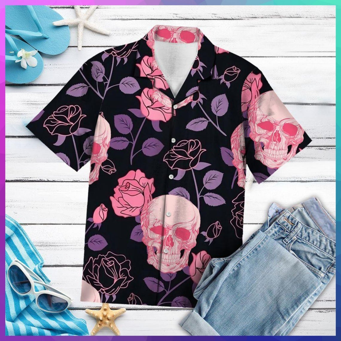 Pinky Skull Flower Hawaii Shirt Made In Summer Beach Shirts Ha10678