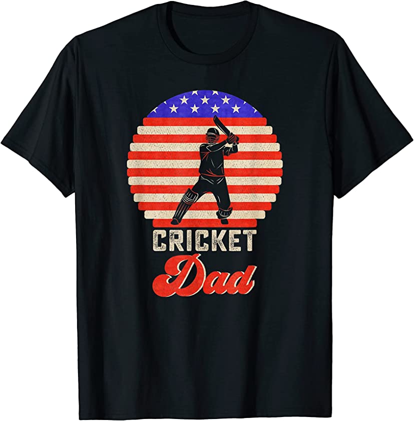 Vintage Retro USA Flag Proud Cricket Dad Silhouette Sunset T-Shirt