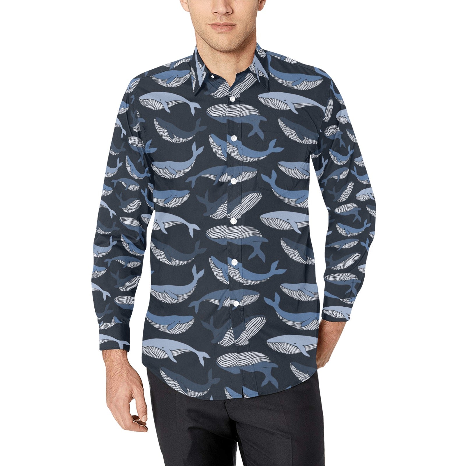 Whale Print Design Lks301 Long Sleeve Dress Shirt