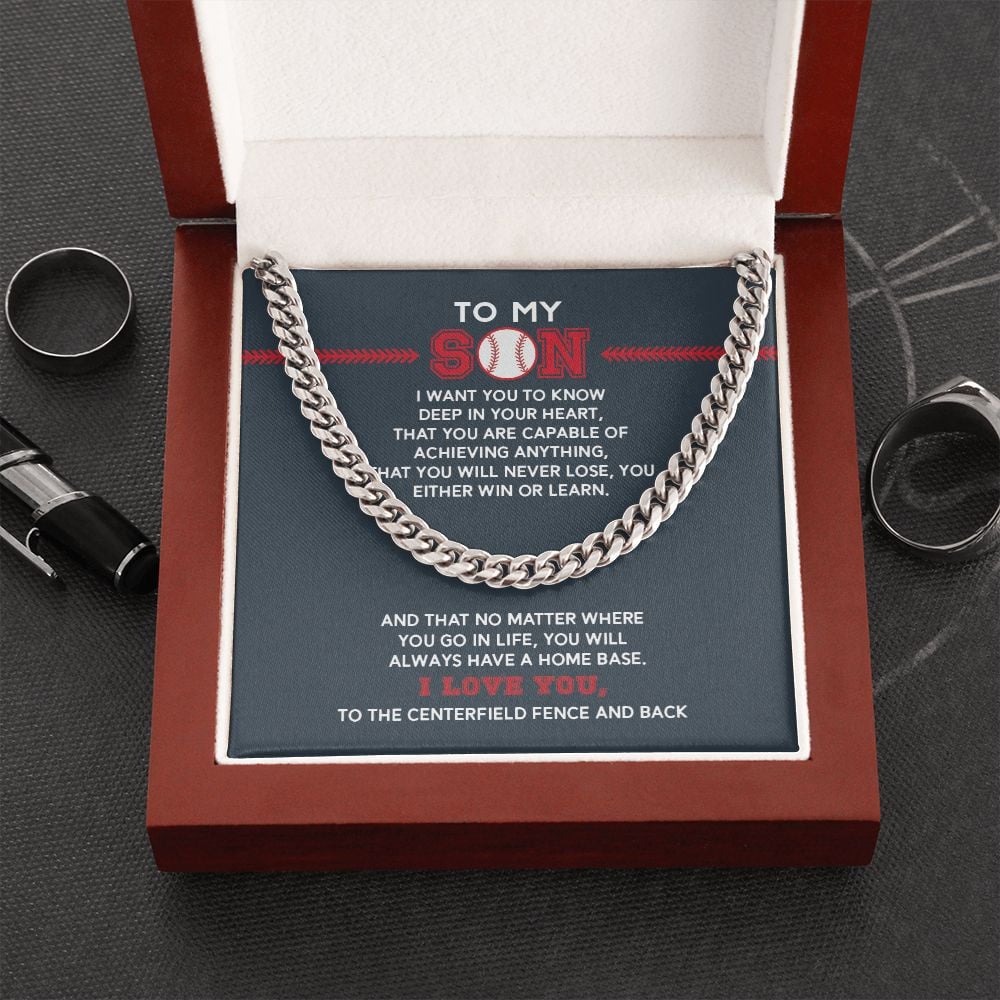 To My Son Baseball Cuban Necklace, Achieve Anything, Home Base, Gift From Mom And Dad