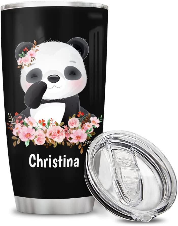 Personalized Panda Tumbler Cup With Lid 20Oz 30Oz Custom Name Customized Double Wall Vacuum Insulated Tumblers Coffee Travel Mug Birthday Christmas Gifts For Animal Panda Lovers