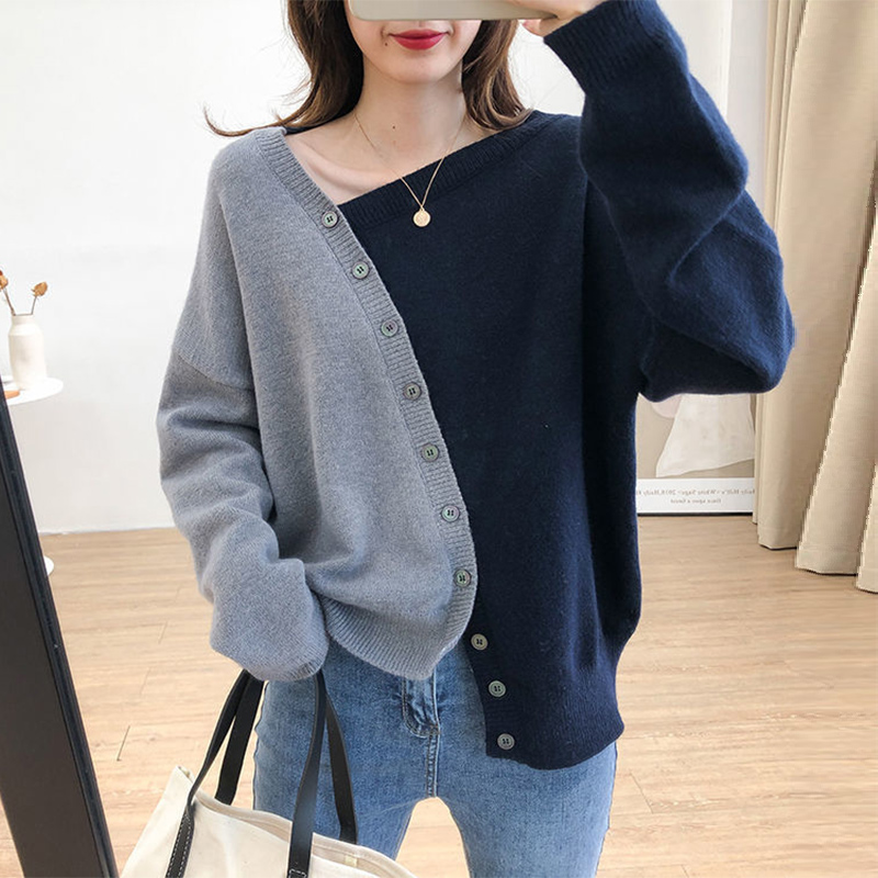 Spring Autumn Diagonal Collar Patchwork Irregular Buttons Sweater Top Women Streetwear Casual Fashion All-match Knitted Cardigan alx