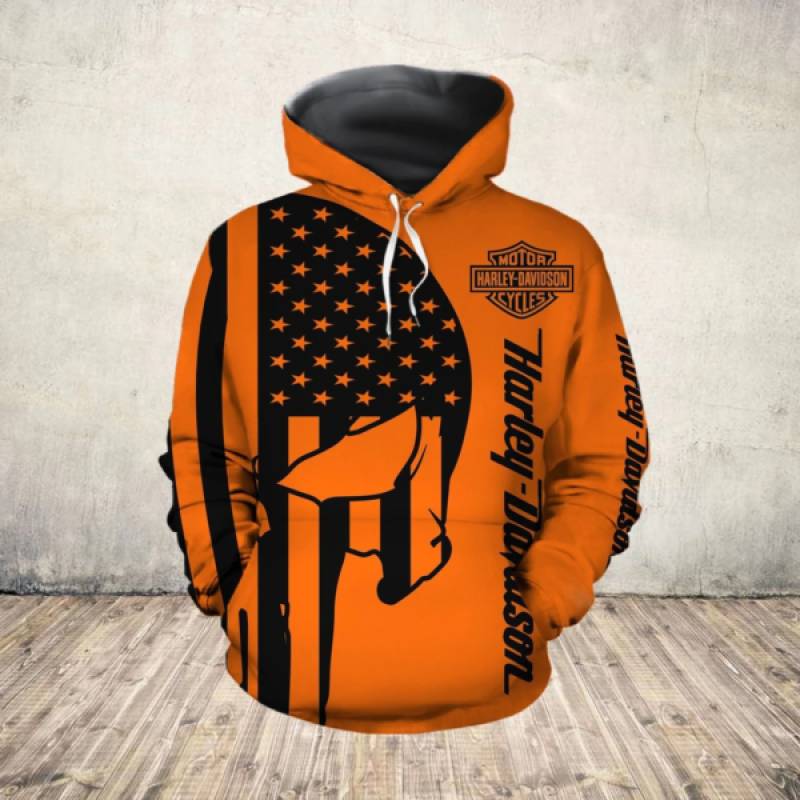 Patriotic Flag Punisher Skull Harley Davidson Motorcycle 3D Hoodie