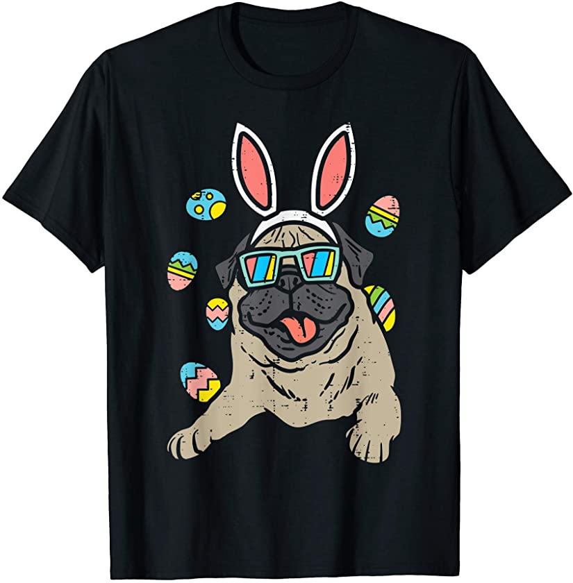 Pug Bunny Ears Glasses Easter Eggs Cute Pet Dog Owner Lover T-Shirt