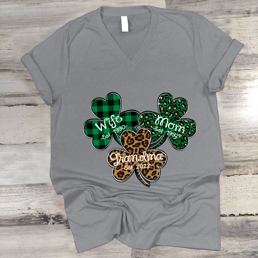 Patrick’S Day Shirt For Grandma Wife Mom Grandma Personalized Est Leopard V-Neck