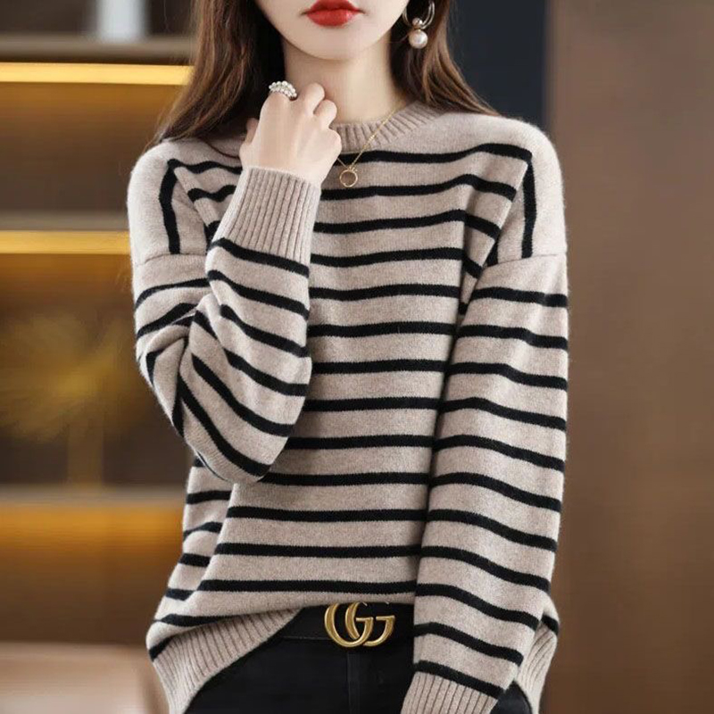 Women Striped Sweater Fall Winter Casual Loose O-neck Knitted Jumper Korean Elegant Pullover Soft Bottomed Knitwear Tops 2022 alx