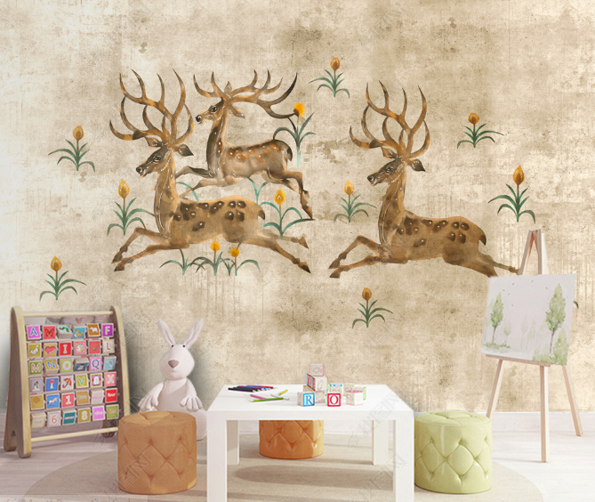 3D Hand Drawn Animal Elk Floral Wall Mural Wallpaper Lqh 254