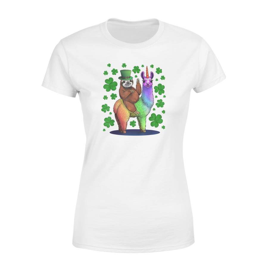 Leprechaun Sloth Riding Llama Unicorn St Patricks Day Women’s T-shirt