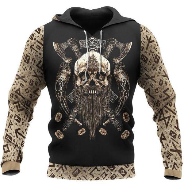 Viking Skull With Horn Thor Hammer And Axe 3D All Over Print Hoodie