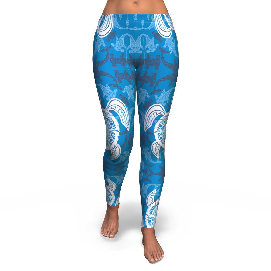 Blue Hawaiian Shark Sea Turtle Pattern Print Pattern Women Leggings Sport, Yoga, Gym, Fitness, Running