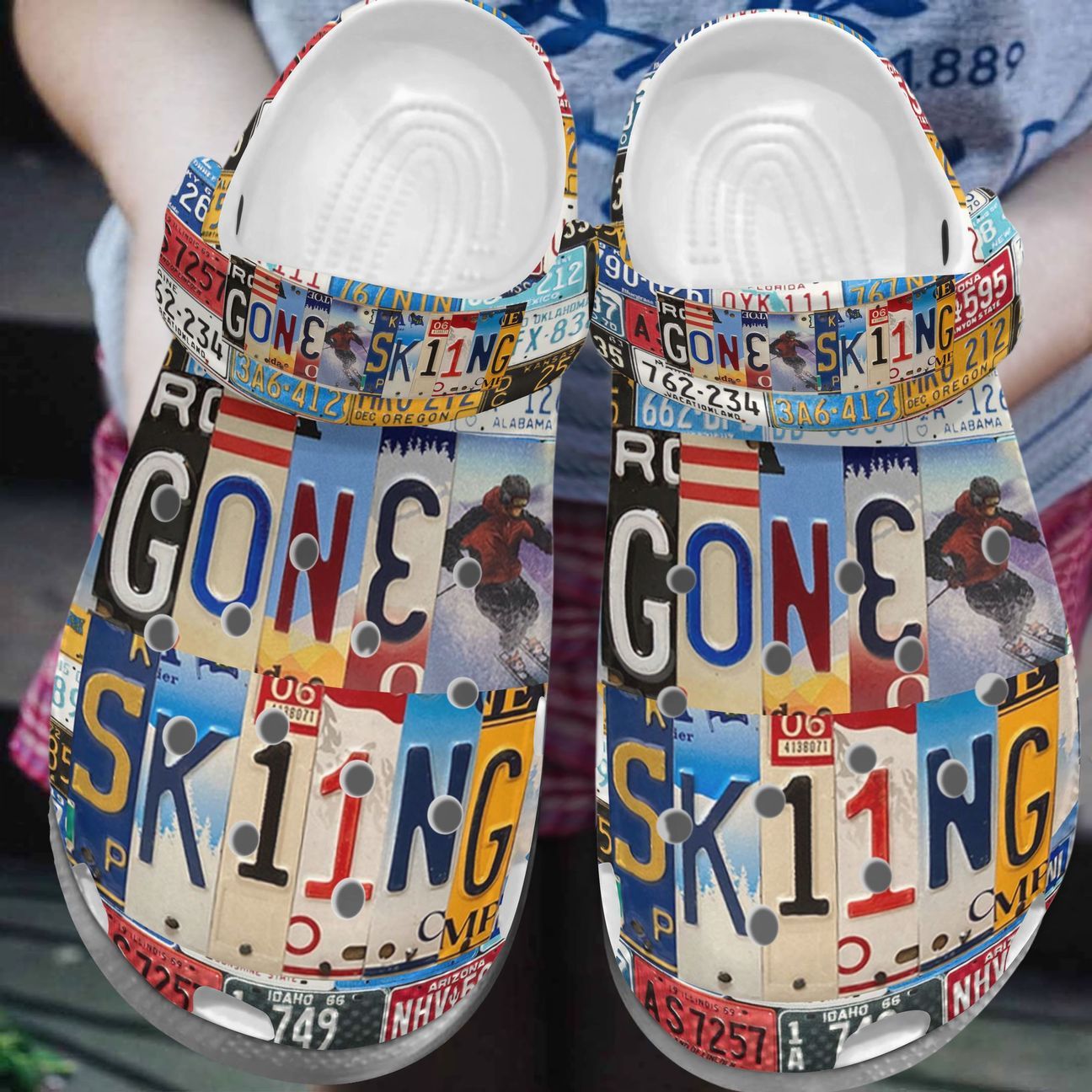 Skiing Personalize Clog, Custom Name, Text, Fashion Style For Women, Men, Kid, Print 3D Whitesole Gone Skiing