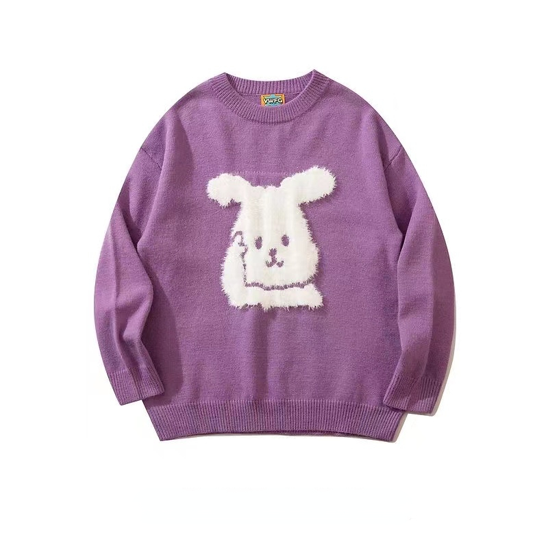 Cute Rabbit Plush Y2kTop Sweater Joker LooseKnitted Shirts Autumn Winter Women Solid Color Kawaii Puppy Round Neck Ins Cashmere alx