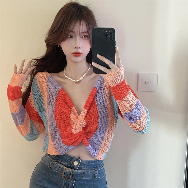 Y2k Girl Criss-cross Colorful Deep V Neck Pullover Sweaters Female Rainbow Striped Short Length Knitted Sweater Sext Crop Crop alx