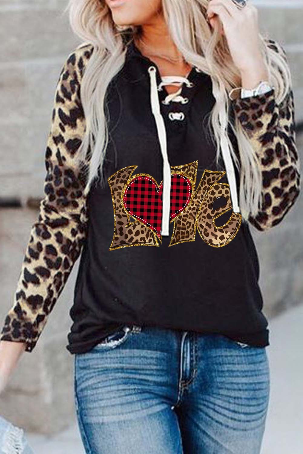 Women’S Sweatshirts Leopard Plaid Lace-Up Sweatshirt