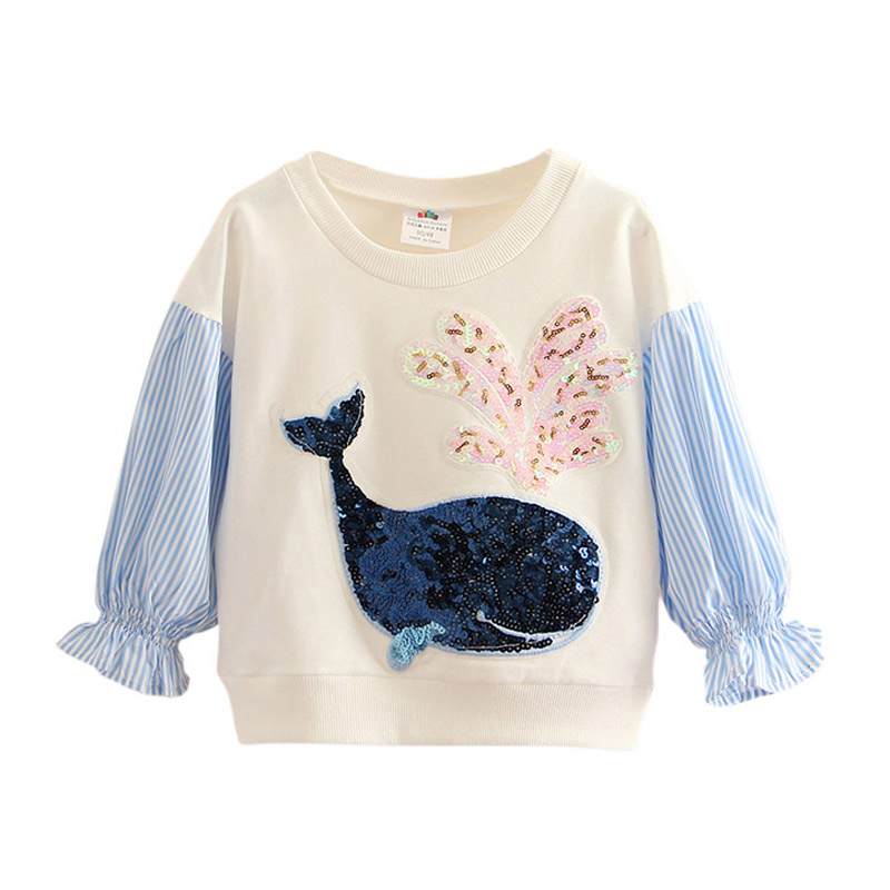 2022 Spring Autumn 2 3 4 5 6 7 8 10 Years O-Neck Long Sleeve Glitter Cartoon Dolphin Color Patchwork Baby Kids Girls Sweatshirt alx