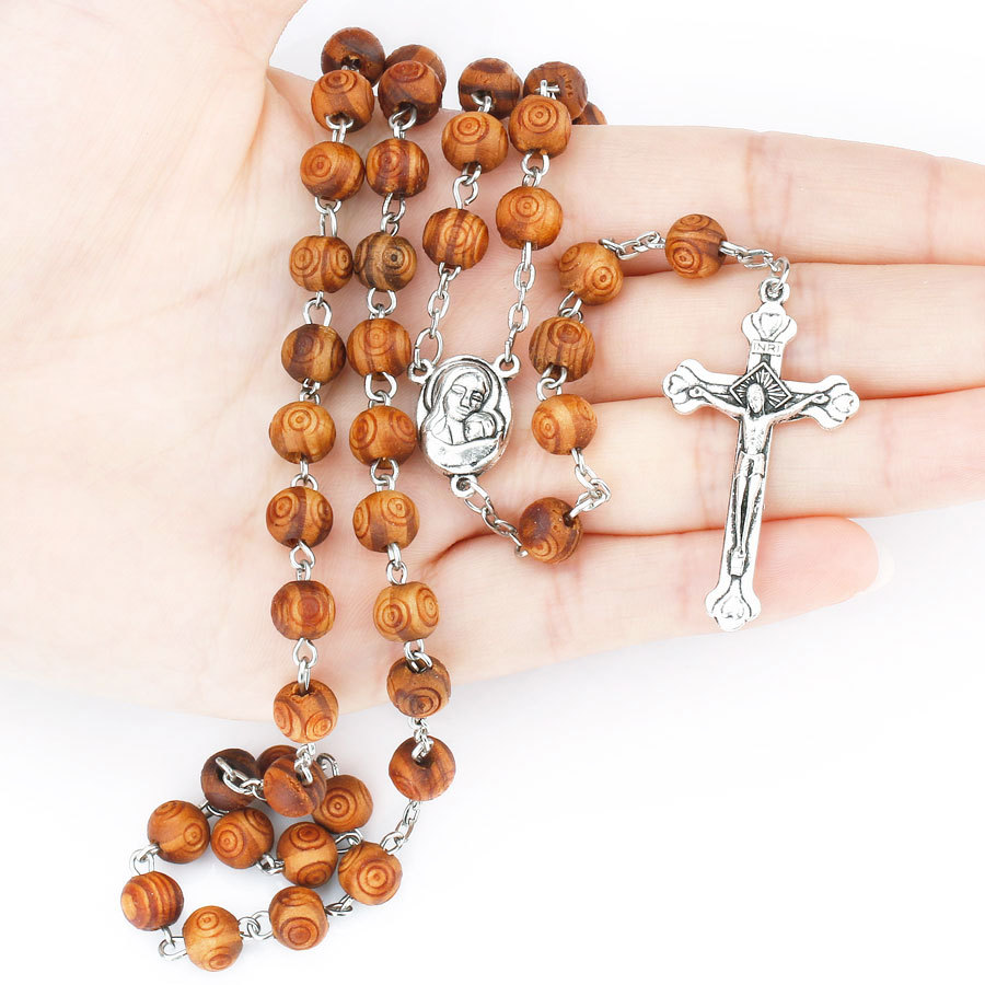 8MM Wood Rosary Beads Necklace For Women Men Catholic Jesus Christ On INRI Cross Crucifix Pendant Long Chain Religious Jewelry alx