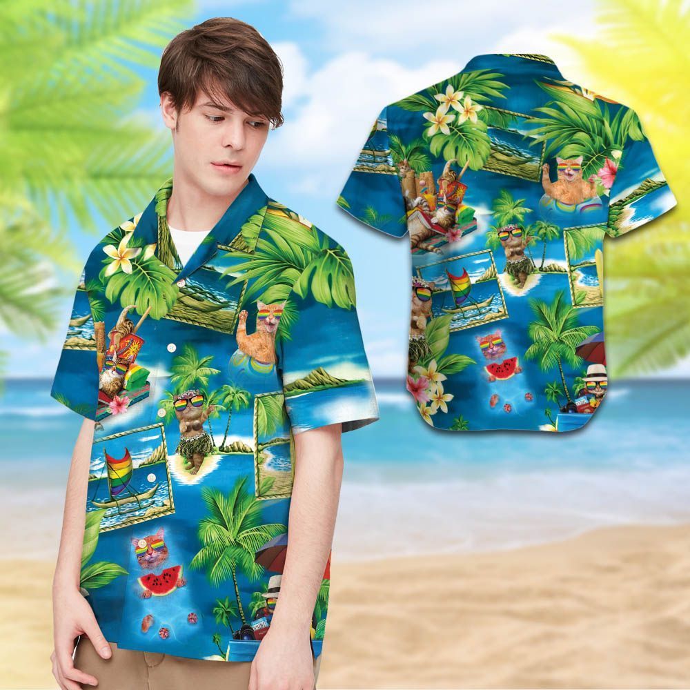 Lgbt With Cats And Tropical Leaves Men Hawaii Shirt For Community Ha84574