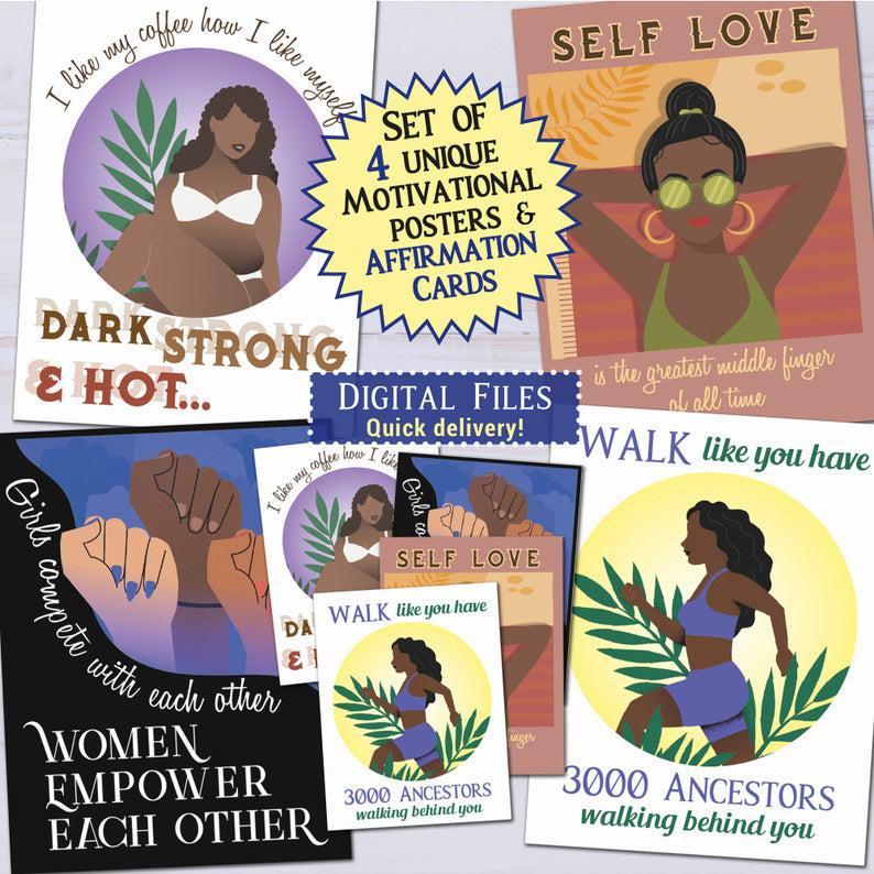 Self Care Motivational Posters For Black Girls Women | Self Love Affirmation Cards