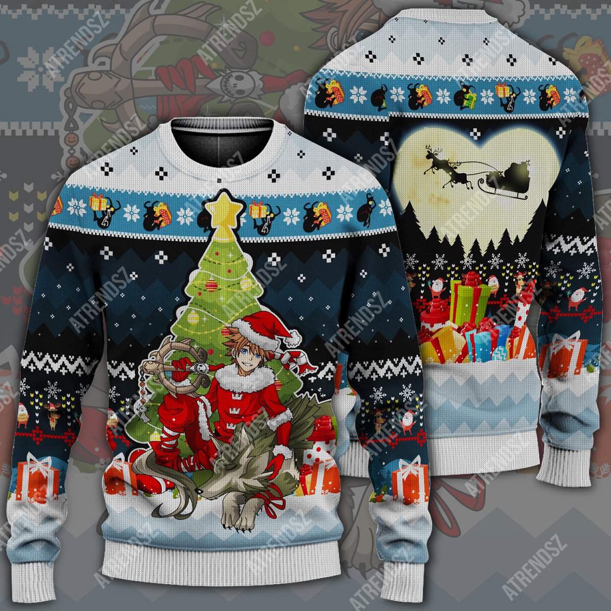 Unifinz Kingdom Hearts Ugly Sweater Sora Wolf Link Christmas Tree Blue Sweater 2022