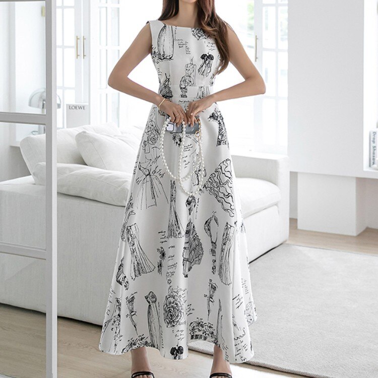 2021 Summer Vintage Elegant Chic Print Long Dress Women Office OL Work Sleeveless High Waist Slim A-Line Dresses Vestidos alx