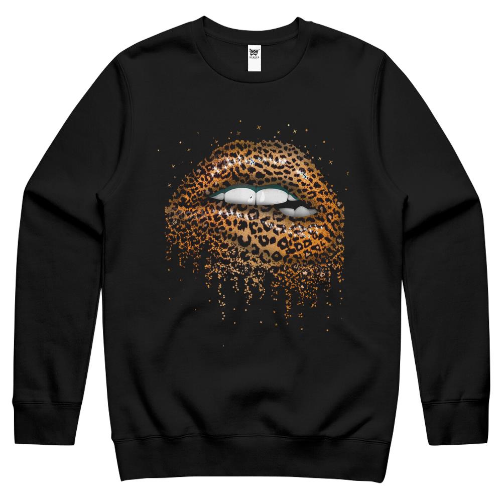 Womens Cool Lips Bite Kiss Me Leopard Print Cheetah Crewneck Sweatshirt