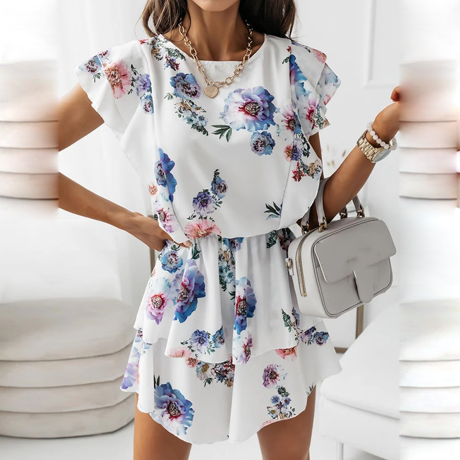 WYWMY Floral Print Summer Dress Women Short Sleeve Beach Mini Dresses Bohemian Casual Loose Cocktail Short Dress Sundress Rope alx