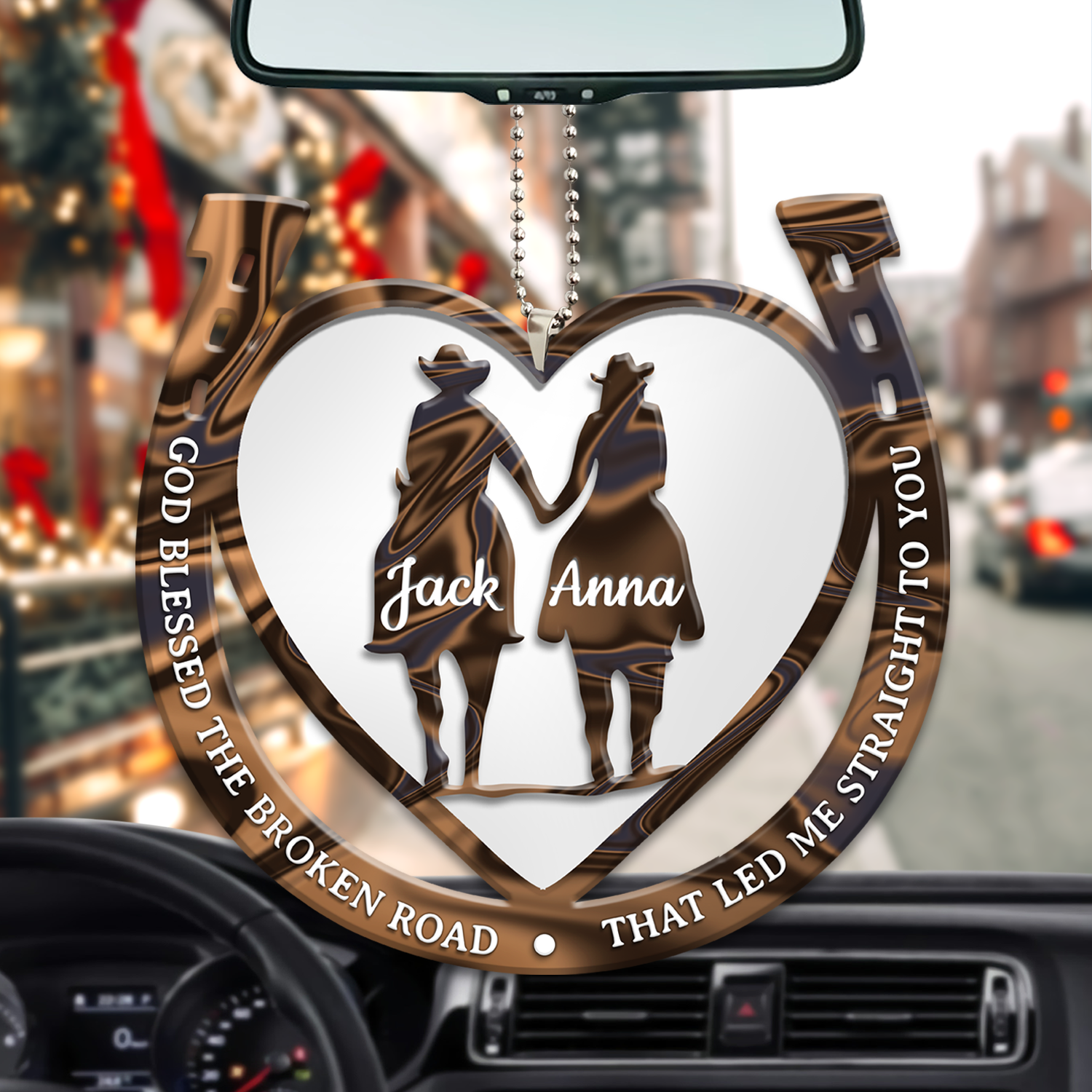 Personalized Hanging Car Ornament Western Horseshoe Couple God Blessed