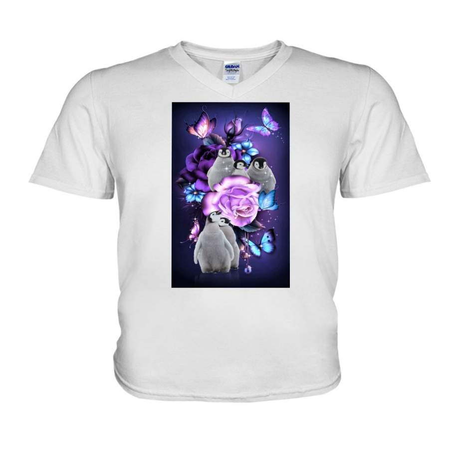 Penguin Magical Violet Flowers Guys V-Neck