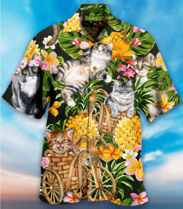 Cat Over Flowers Hawaiian Aloha Shirt #V