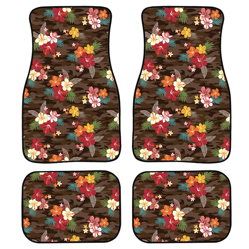 Brown Camo Hibiscus Flower Print Front And Back Car Floor Mats, Front Car Mat