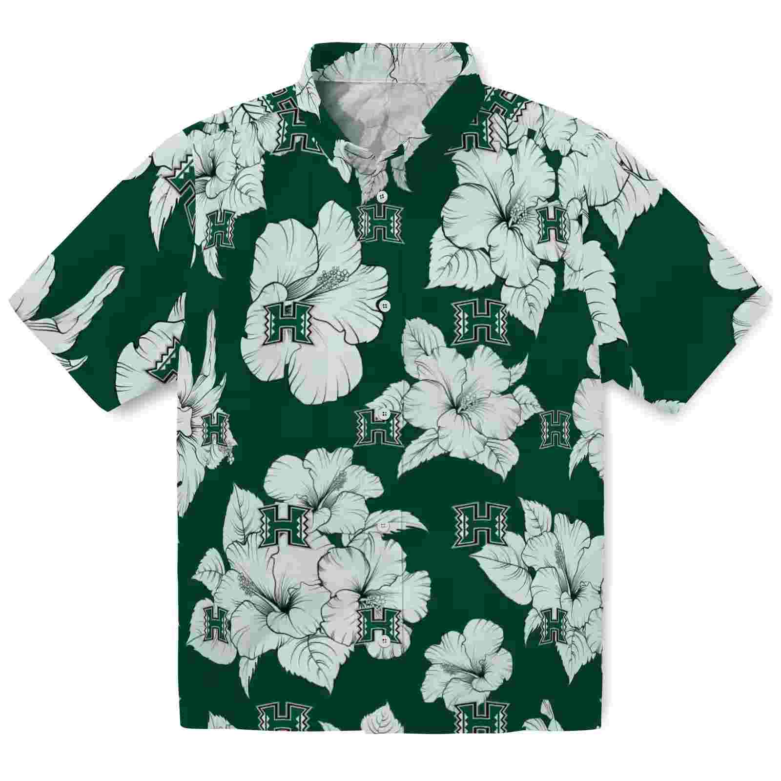 Hawaii Rainbow Warriors Hibiscus Blooms Green White Hawaiian Shirt