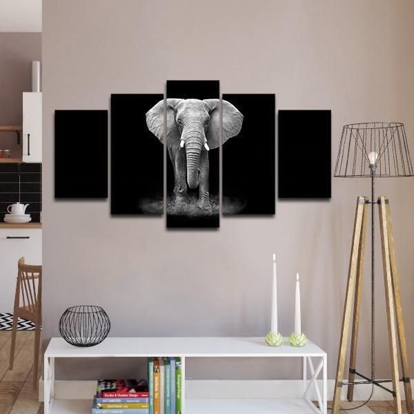 Black &Amp; White Elephant Animal 5 Panel Canvas Art Wall Decor