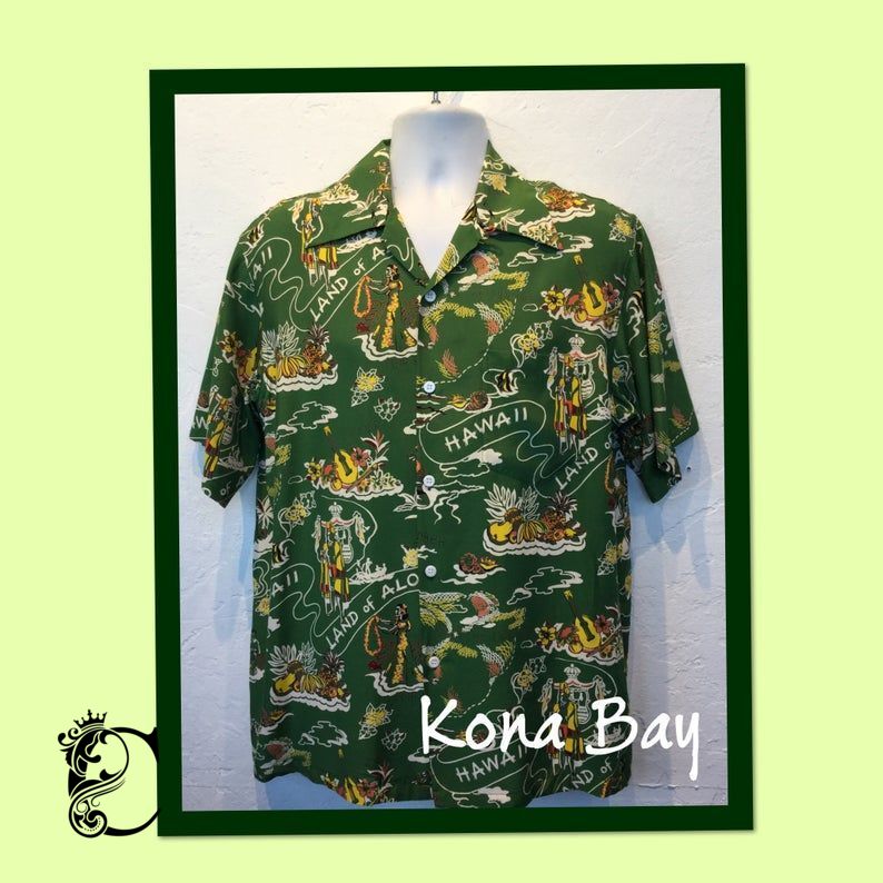 1940S Vintage Reproduction By “Kona Bay” Rayon Hawaiian Shirt