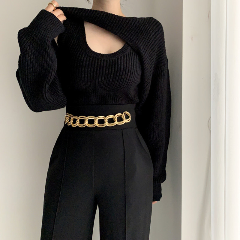 Autumn Winter Fashion Female Two Piece Sets Long Sleeve Solid Knitwear Crop Tops Casual Kintted Vest Women Sweater Cape alx