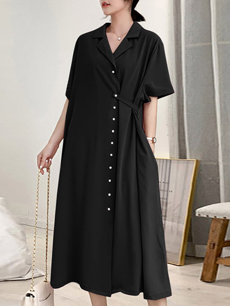 Summer Single Breast Midi Dress Celmia Casual Loose Shirt Dress Women Elegant Korean Suit Collar Lady Leisure Fashion Long Robe alx