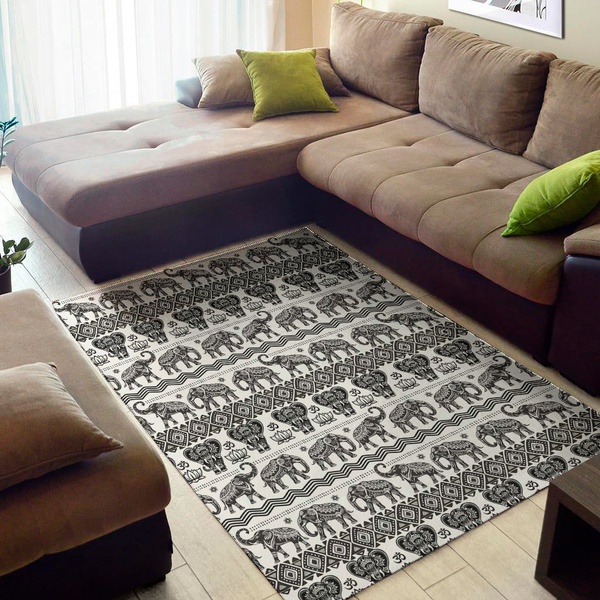 White And Black Indian Elephant Print Area Rug