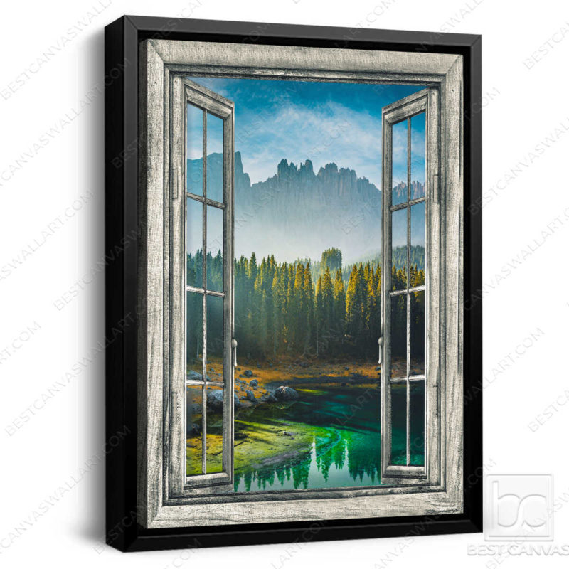 Spring Canvas Wall Art Lake And Tree In Cloudy Day Through Rustic Window Wrapped And Framed Canvas Best Canvas Wall Art