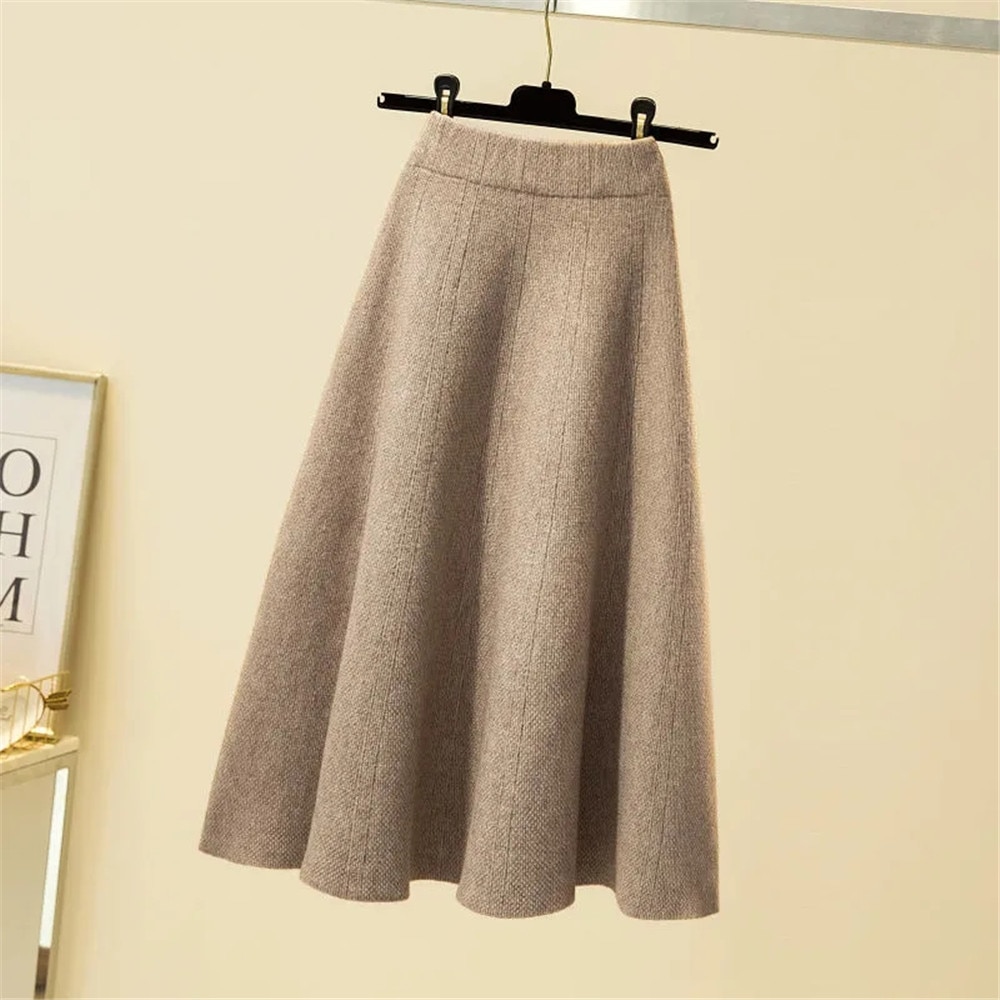 Autumn Knitted Pleated Skirt Women’S Midi Elastic High Waist A-Line Sweater Skirt Female 2021 Winter Black Wool Long Mom Skirt alx