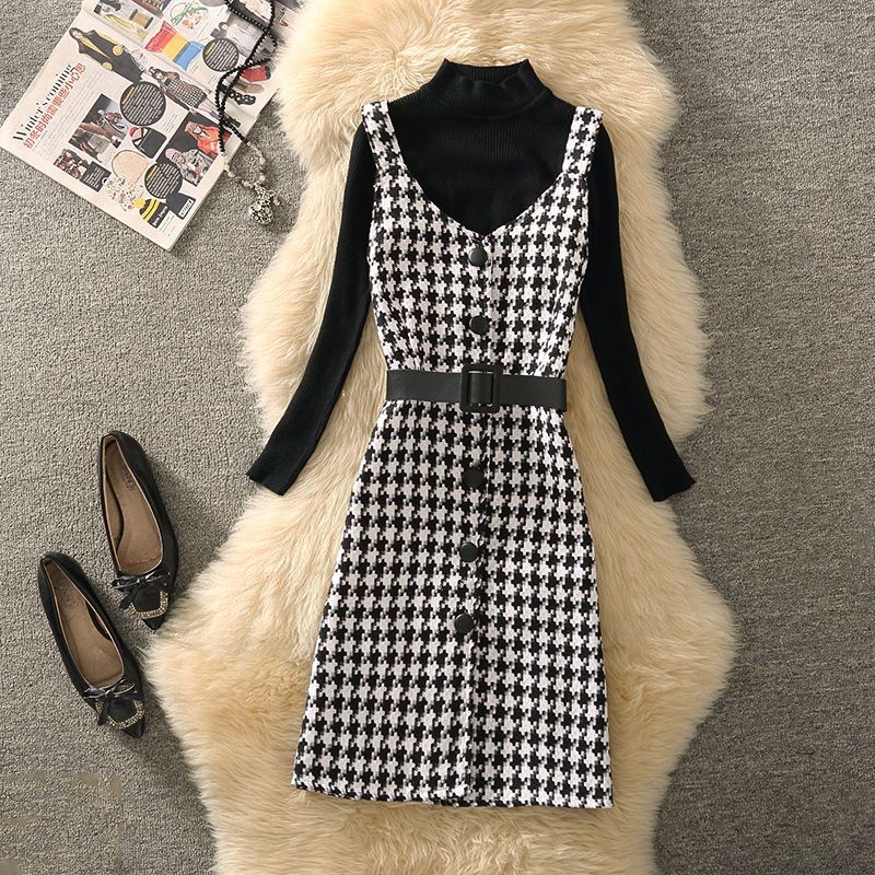 Vintage 2 Piece Set Women Elegant 2023 New Autumn Winter Korean Woolen Belt Plaid A Line Vest Dress + Knitted Sweater Sets D143 alx