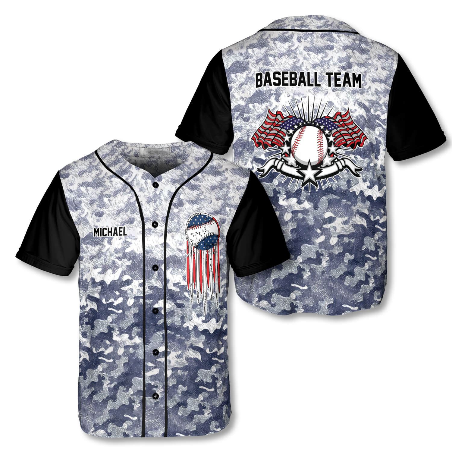 American Camo Custom Baseball Jersey, Personalized Name For Baseball Team, Baseball Jersey Shirt