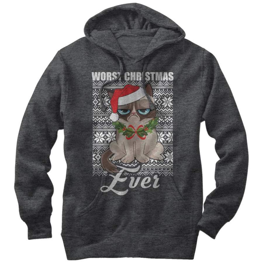 Grumpy Cat Men’s Ugly Christmas Worst Ever  Lightweight Hoodie Charcoal Heather