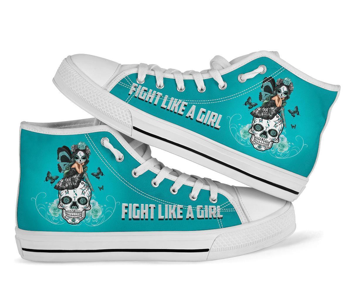 White Teal Flag Skull Fight Like A Girl Canvas Shoes