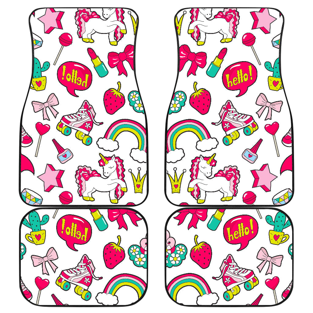 White Girly Unicorn Pattern Print Front And Back Car Floor Mats, Front Car Mat