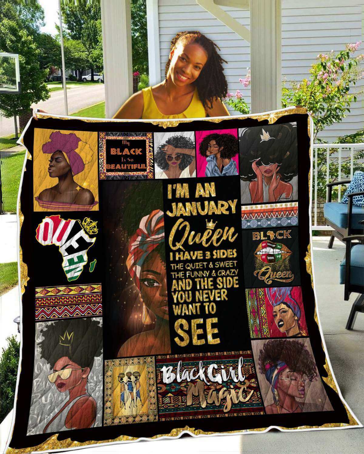 African American Quilts January Queen Have 3 Sides Pretty Afro Lady Afrocentric Themed Gift Idea WBG8011