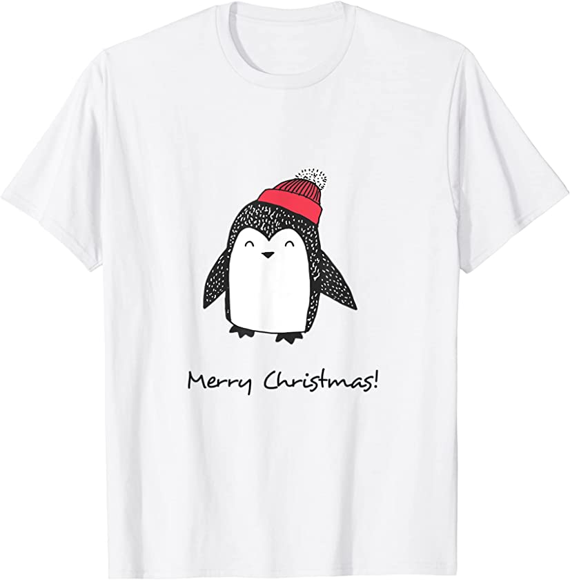 Merry Christmas Baby Penguin Red Winter Hat Pompom Smiling T-Shirt