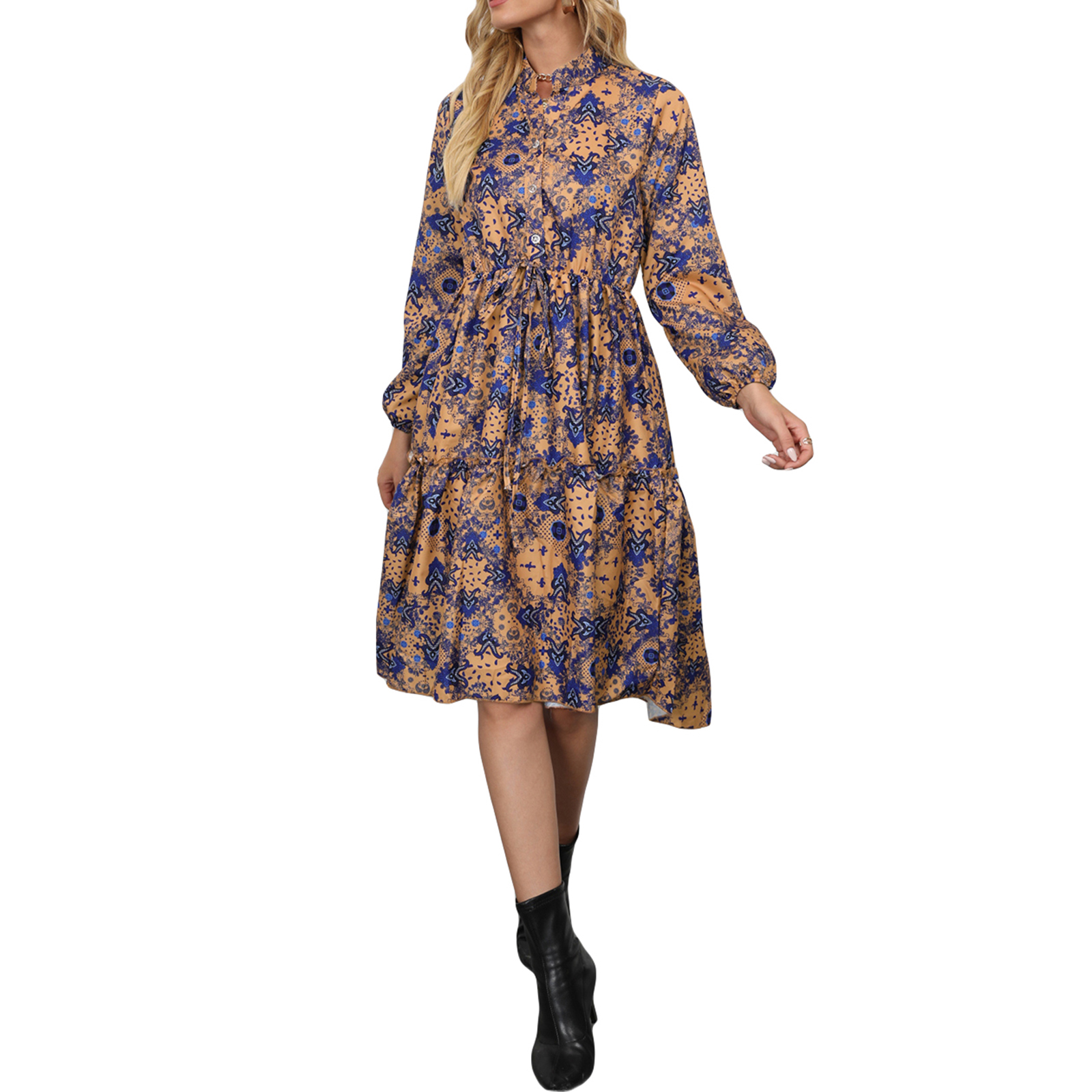 Women Floral Print Summer Midi Dress Tie Up Vintage Long Sleeve Button V Neck A Line Flared Boho Beach Ruffle Sundress alx