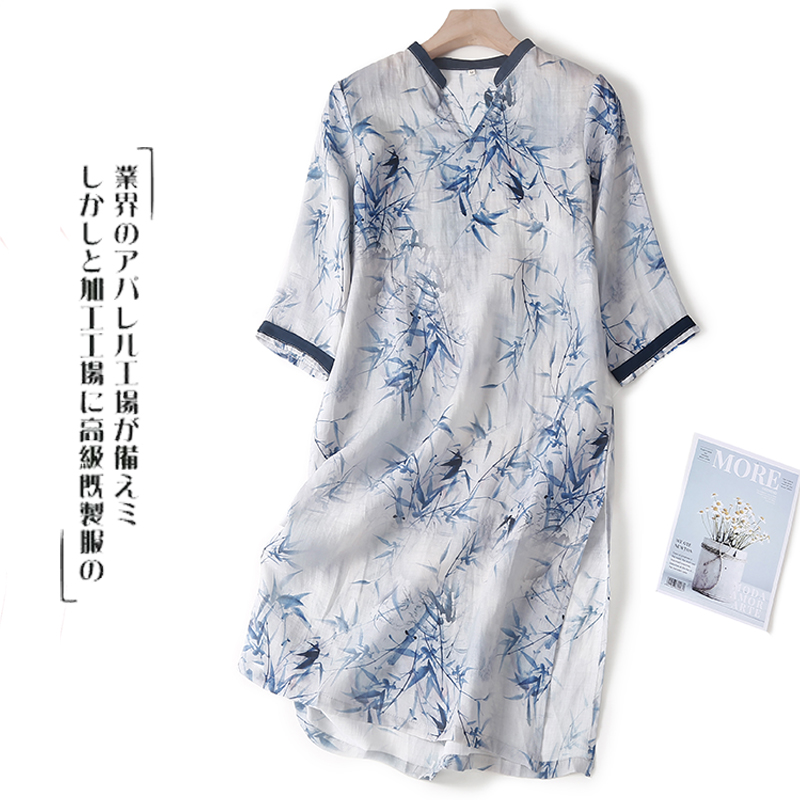 2022 New Arrival Thin Soft Cotton Linen V-neck Vintage Chinese Style Summer Dress Print Floral Loose Women Casual Dress alx