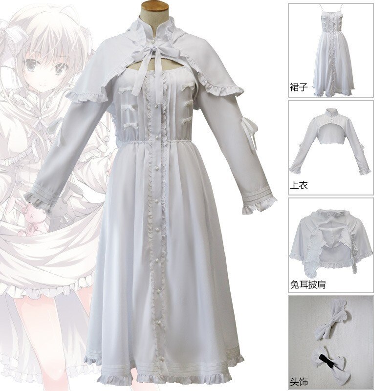 Anime In solitude Yosuga no Sora Kasugano Sora Lolita White Cosplay Dress Lady Halloween Costume Cotton Sweet Party Dress Wig alx